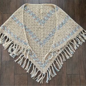 Crocheted Boho Tan/Blue Triangular Fringe Shawl-OSFA